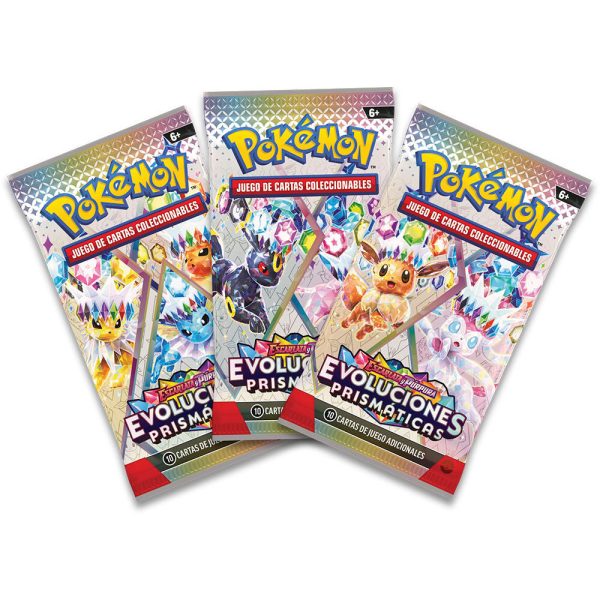 Blister de juego de cartas coleccionables de Pokémon en español con posters de evoluciones prismaticas - Imagen 2