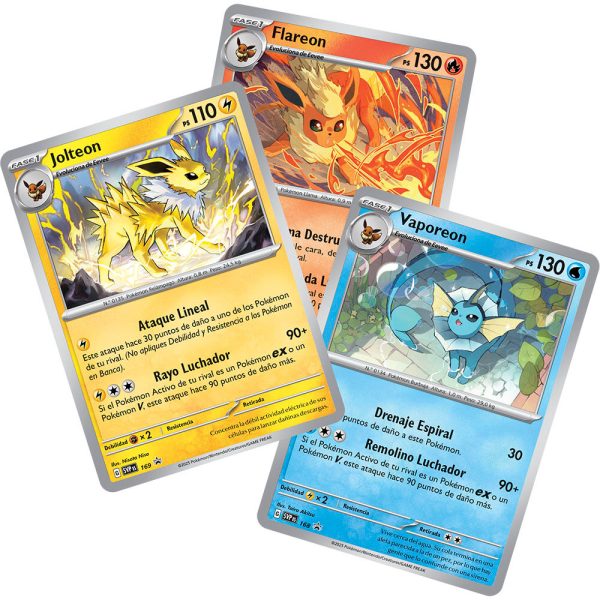 Blister de juego de cartas coleccionables de Pokémon en español con posters de evoluciones prismaticas - Imagen 3