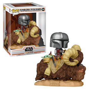 Figura pop Star Wars the Mandalorian Mando on Bantha With Child in bag