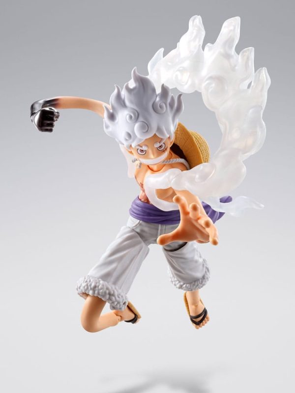 Figura de Monkey D. Luffy Gear 5 de One Piece, modelo S.H.Figuarts con diseño de Future Island Egghead, de 15 cm de altura.