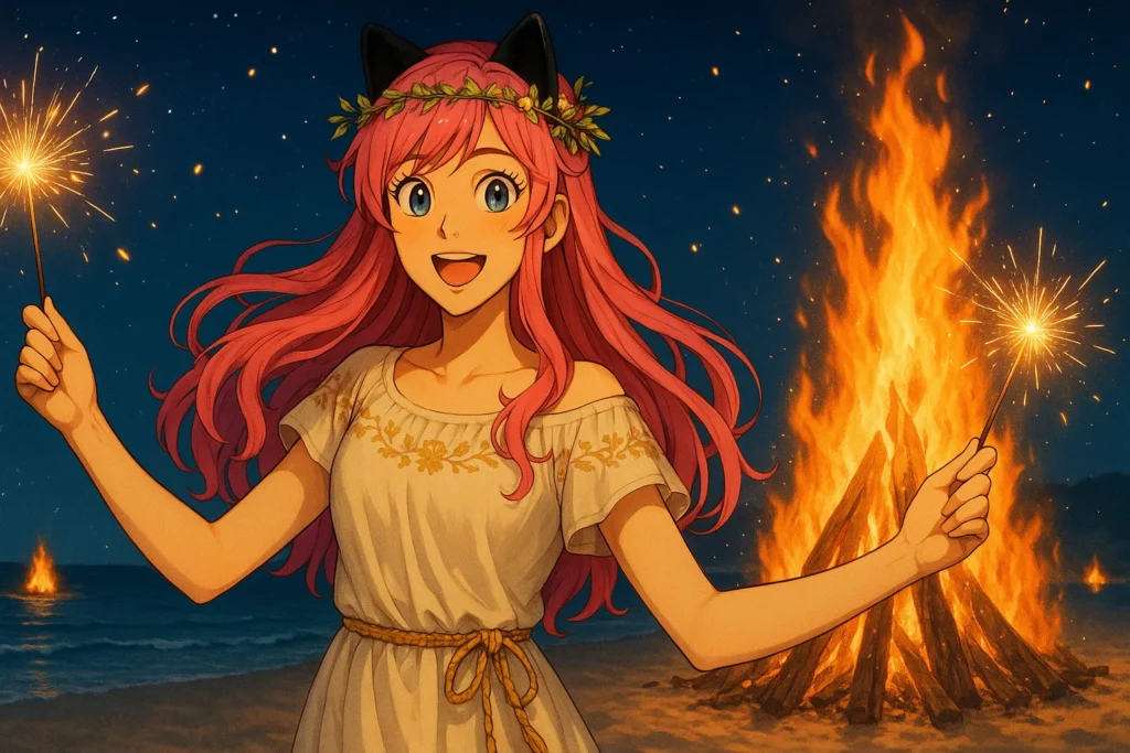Sayuri celebra la verbena de San Juan en la costa mediterranea