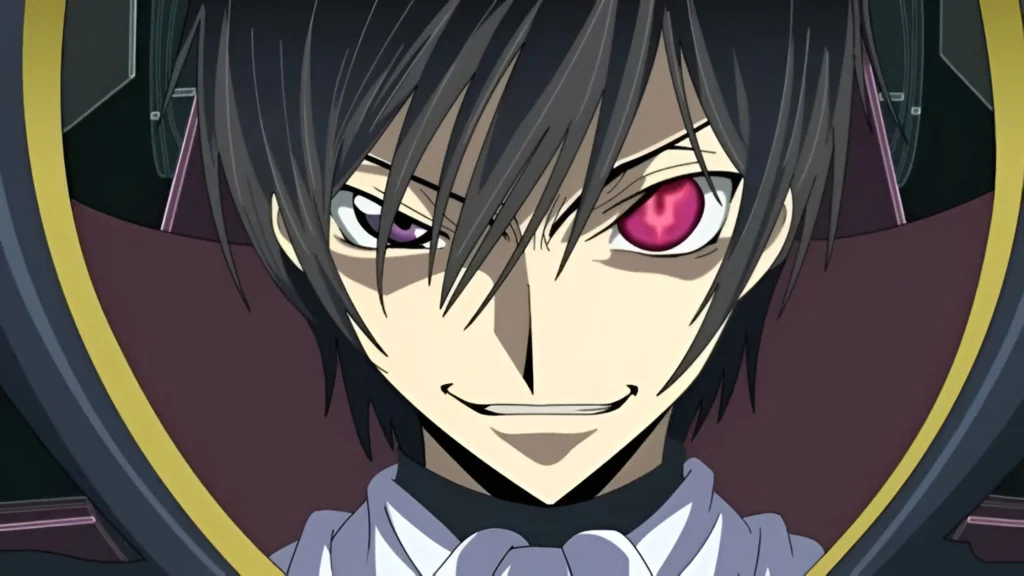Imagen del anime Code Geass mostrando a Lelouch en su traje de Zero con fondo de mechas y rebelión