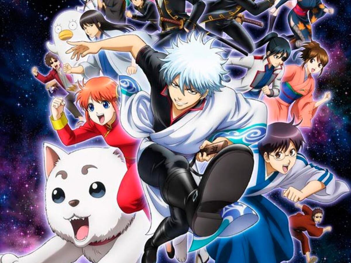 Serie anime otaku de Gintama con Gintoki y el resto del equipo en actitud cómica y samurái